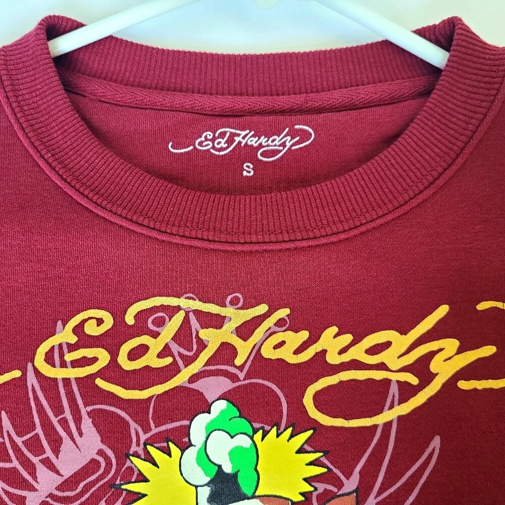 Ed Hardy Graphic Crop Pullover Sweatshirt Shirt Red Small Rose Tattoo Y2K Retro - Picture 3 of 12